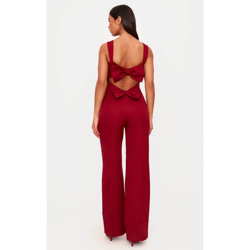 PrettyLittleThing Burgundy Bow‎ Back Cutout Wide Leg Jumpsuit Size 4